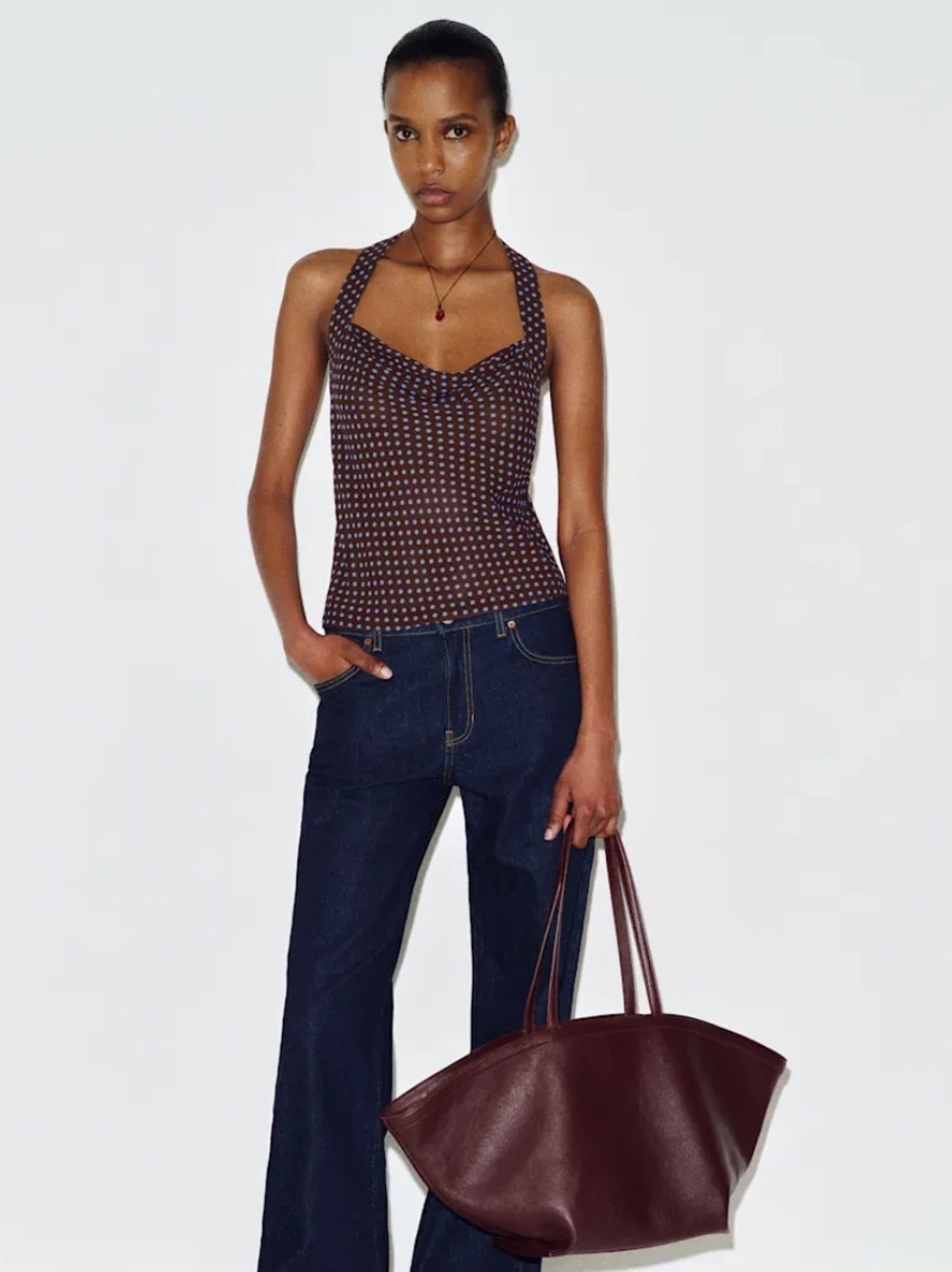 Reformation Brown Polka Dot Halter Cowl Tank